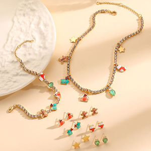 Aiguille en argent série de noël boucles d'oreilles goutte d'huile chaîne de griffe de cuivre douce fille neige maison papillon collier ensembles de bijoux - Product Image 1