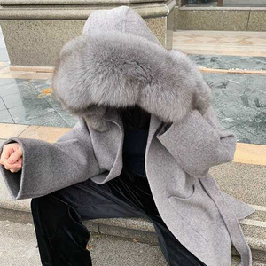 Fashion Cashmere Fur <strong>Coat</strong> Winter Women Real <strong>Wool</strong> Fox Fur Collar <strong>Coat</strong> <strong>With</strong> <strong>Hood</strong> - Product Image 1