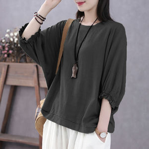 Plus Size Women's Summer Batwing Sleeve Tops O-Neck Three Quarter Sleeve Loose Fit Blouse For Curvy Women Blue White Red Green - Product Image 3