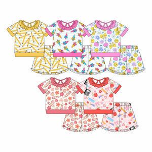 Conjuntos de Ropa para Niñas con Estampado de Flores y Lápices, Estilo Casual de Verano para Regreso a Clases, Shorts con Volantes de Algodón y Spandex, Combinados para Hermanas - Product Image 1