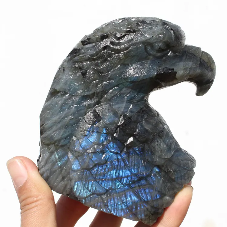 Hand Carved Customized Size Natural Flashy Labradorite Animal Figurines Crystal Eagle Head