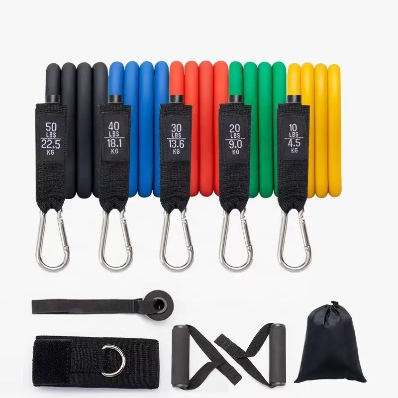 RS 11 PCS Tubos de resistencia de látex Bandas de potencia de tracción de alta elasticidad Bandas de tubo de resistencia con anclaje de puerta para entrenamiento de gimnasio