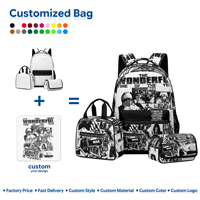 Zwart-witte geometrische print kinderrugzak 3-delige set met rits, waterdicht, dagelijks gebruik, lunchbox, custom sublimatie, groothandel