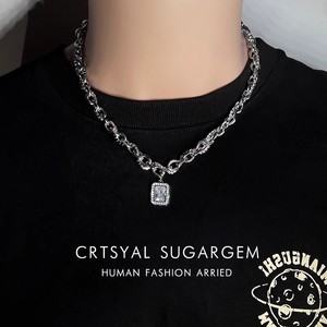 Hiphop Style Unisex Stainless Steel Chain square cubic zirconia CZ Pendant Choker Necklace bulk wholesale - Product Image 1