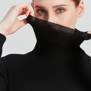 Pull à col roulé pour femme, tricot côtelé, manches longues, minimaliste, noir uni, pull d'hiver - Product Image 2