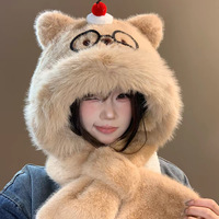 Bonnet et écharpe intégrés en fausse fourrure pelucheuse pour femmes, motif dessin animé mignon, doux pour les filles, épaissi, anti-froid, protection des oreilles, cache-cou à capuche
