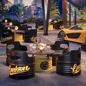 Juego de mesa y silla de diseño de tambor de aceite industrial amarillo-negro comedor Bar cubierta barbacoa cafetería Bistro sofá comercial - Product Image 3