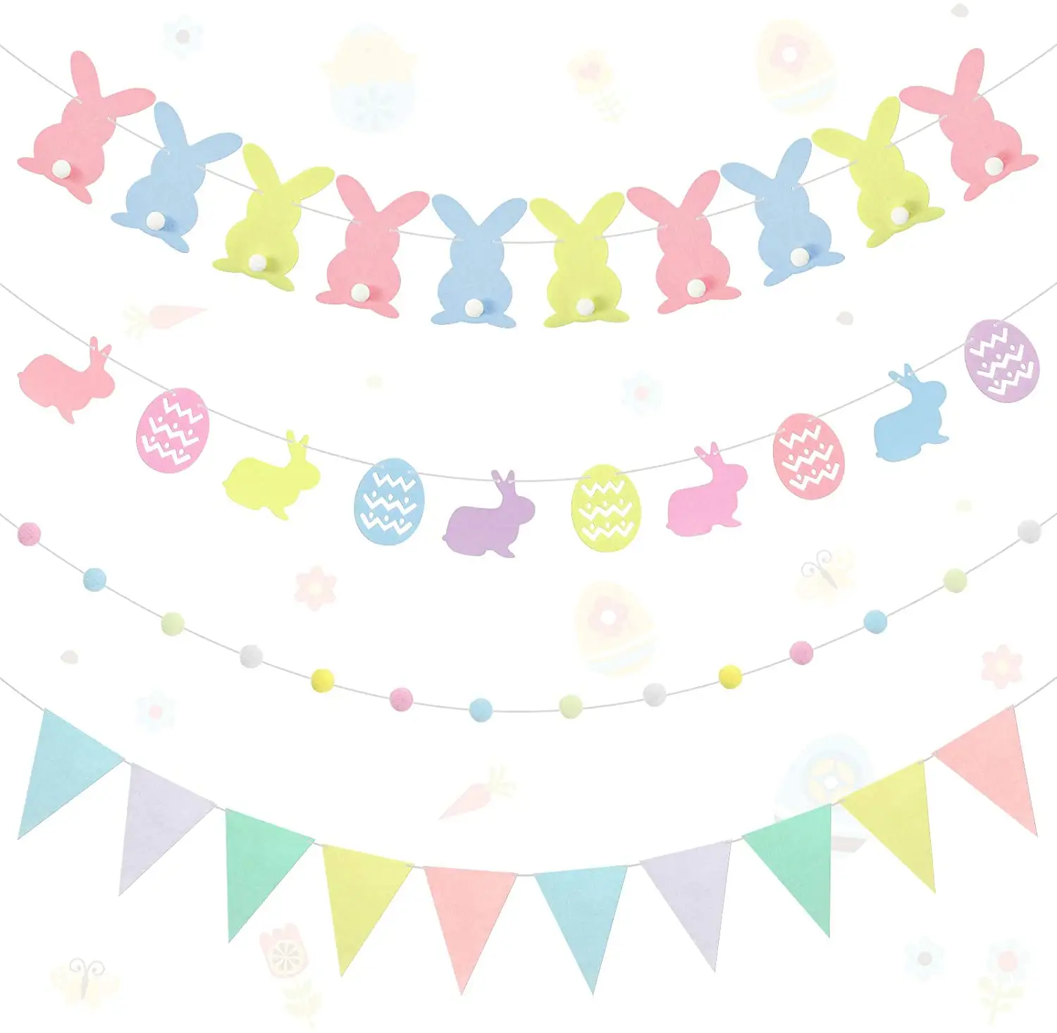 Rabbit and Easter Eggs Bunting Banner Pennant Flags, Easter Felt Ball Garlands