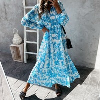 Vente en gros Robe décontractée florale d'automne à volants Col montant ceinture Robe d'été imprimé en toile de soie Robes longues fluides plissées grande taille pour femmes