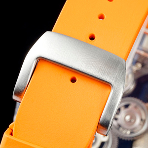 Men's Clear Crystal <b>Skeleton</b> <b>Automatic</b> Mechanical <b>Watch</b>, Tonneau-Shaped Orange Rubber <b>Watch</b> - Product Image 5