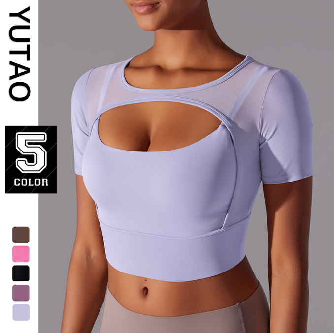 Nylon Women Yoga Short Sleeve Sexy Double Layer Yoga Tank Top Spliced Mesh Yoga Clothing Vest Fitness Running Sports Bra