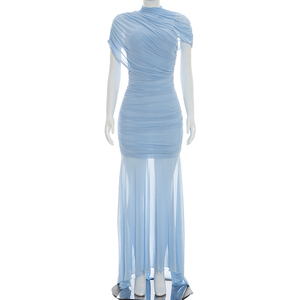 Robe longue plissée Viviblook D26DS113 pour femme, nouvelle collection, couleur unie, maille transparente, manches courtes, idéale pour les fêtes et anniversaires - Product Image 2