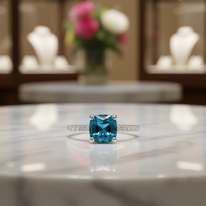 <b>Peacock</b> Blue <b>Cushion</b> Cut Gemstone Ring In 925 Silver With Pave Diamond Band For Women's Engagement Classic Style - Product Image 2