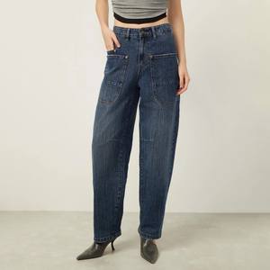 <span class=keywords><strong>Jeans</strong></span> <span class=keywords><strong>Cargo</strong></span> Blu Scuro alla Moda per Donne, Vita Alta, Vestibilità Ampia, Pantaloni Utility con Grandi Tasche, Stile Y2K Streetwear in Denim - Product Image 1