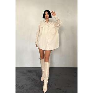 Camisa Sencilla Beige de Popelina con Botones para Mujer, Blusa Oversize de Uso Diario, Manga Corta, Ajuste Holgado, Top Casual - Product Image 2