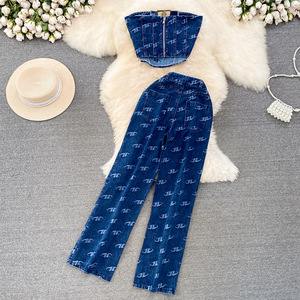 Nouveau ensemble de pantalons deux pièces sexy pour femmes sans bretelles Denim à lacets hauts courts ensemble de jeans droits à jambes larges pour femmes - Product Image 2