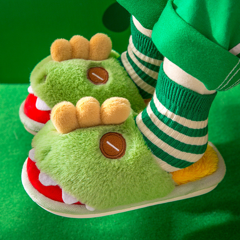 Сезон осень-зима; Домашние детские тапочки из хлопка в форме крокодила; Домашние пушистые тапочки для мальчиков и девочек с милым рисунком; Теплые пушистые хлопковые тапочки