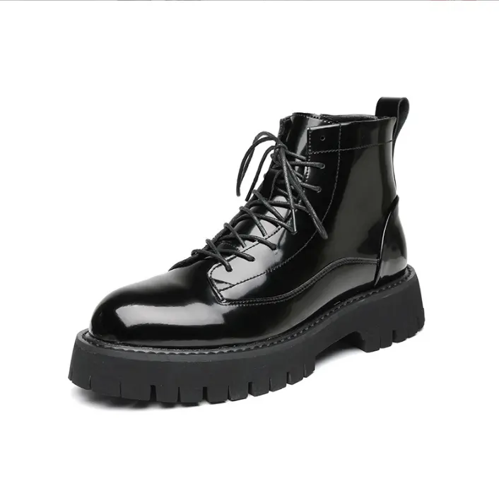 shoes wholesale Men's Black Patent Leather Ankle Boots men motorcycle boot