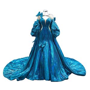 Gaun Malam <span class=keywords><strong>Prom</strong></span> Mewah dengan Cape Lepas Pasang, Lengan Mengembang Panjang, Biru, Berhias Berlian Imitasi dan Manik-Manik - Product Image 2