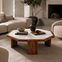 Table basse hexagonale moderne de luxe 55 pouces avec plateau en marbre et pieds sculpturaux en bois massif pour projets de villas et d'hôtels
