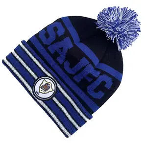 Winter Soccer Custom embroidered logo knitted puffball footy beanie hat custom logo with pom pom