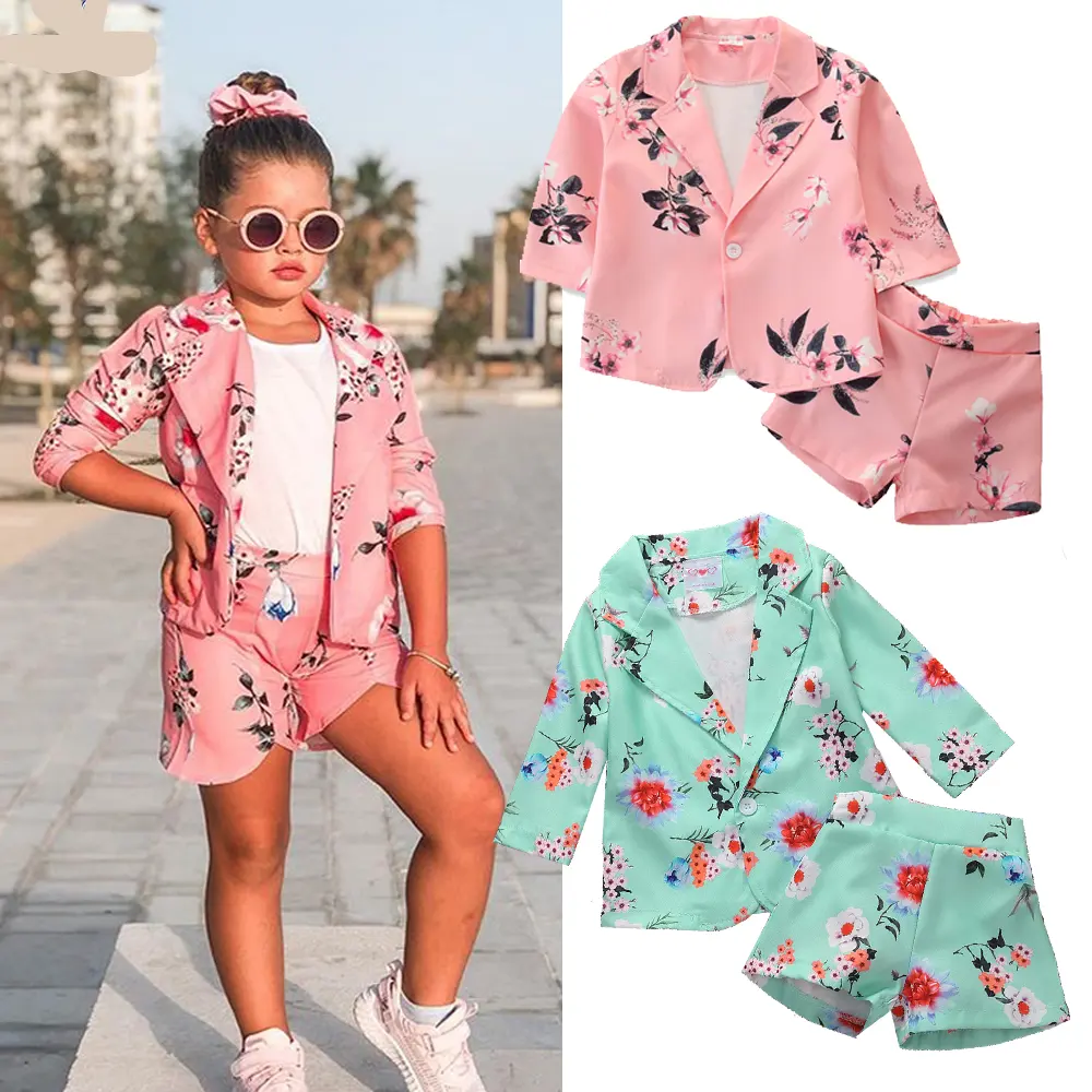 Girl Clothes Set New Children Girls Long Sleeve Floral Coat Button Spring Outwear Shorts 2 Piece Fantasy Suit Fashion Kids Clothes Sets