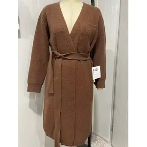 Mantel Kardigan Panjang Ukuran Besar Rajut Bergaris Wanita dengan Ikat Pinggang Warna Coklat, Sweater Perpaduan Wol Desain Mode Luar