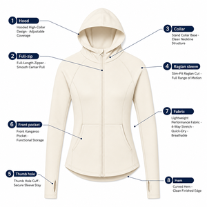 Chaqueta con capucha cremosa <span class=keywords><strong>de</strong></span> corte ajustado para mujer, cuello alto, manga raglán, con orificios para los pulgares, cremallera completa, venta al por mayor, fábrica OEM - Product Image 2