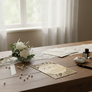 Tarjeta de boda rústica Tarjeta de invitación de boda de madera Bohemia Diseño de hoja cortada con láser Tarjeta de aniversario de fiesta de compromiso - Product Image 5