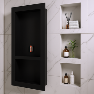 Niche de douche encastrée noire moderne 16 x 32 pouces, double étagère, rangement mural pour salle de bain, design étanche en plastique - Product Image 2