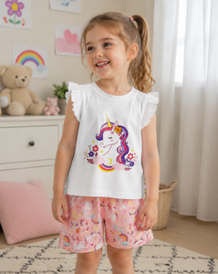 Set <span class=keywords><strong>di</strong></span> Abbigliamento per Bambine all'Ingrosso ODM, 2 Pezzi Estivi Senza Maniche, Top in Cotone e Pantaloncini in Tessuto Morbido con Stampa Animali Cartoon - Product Image 2