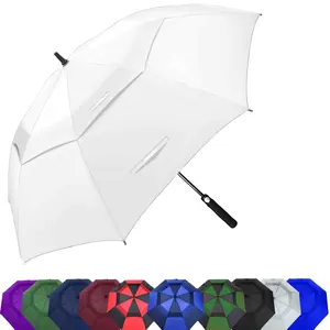 Guarda-chuva compacto grande UPF 50 UV para golfe, guarda-chuva grande ventilado com dossel duplo de revestimento preto, à prova de vento para chuva, tamanho grande de 54 polegadas