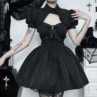 Ensemble 2 pièces pour femme, couleur unie, style décontracté - Mini-robe corset à manches bouffantes avec corsage à lacets, détails croisés et col rabattu, pour soirée