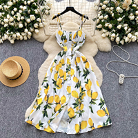 Robe midi décontractée sans manches à imprimé citron et bretelles spaghetti pour femme, idéale pour les vacances et le quotidien