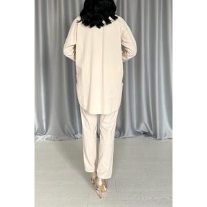 Elegante conjunto de camisa beige para mujer y pantalones con botones a presión, 100% algodón Oxford, traje antiarrugas. - Product Image 2