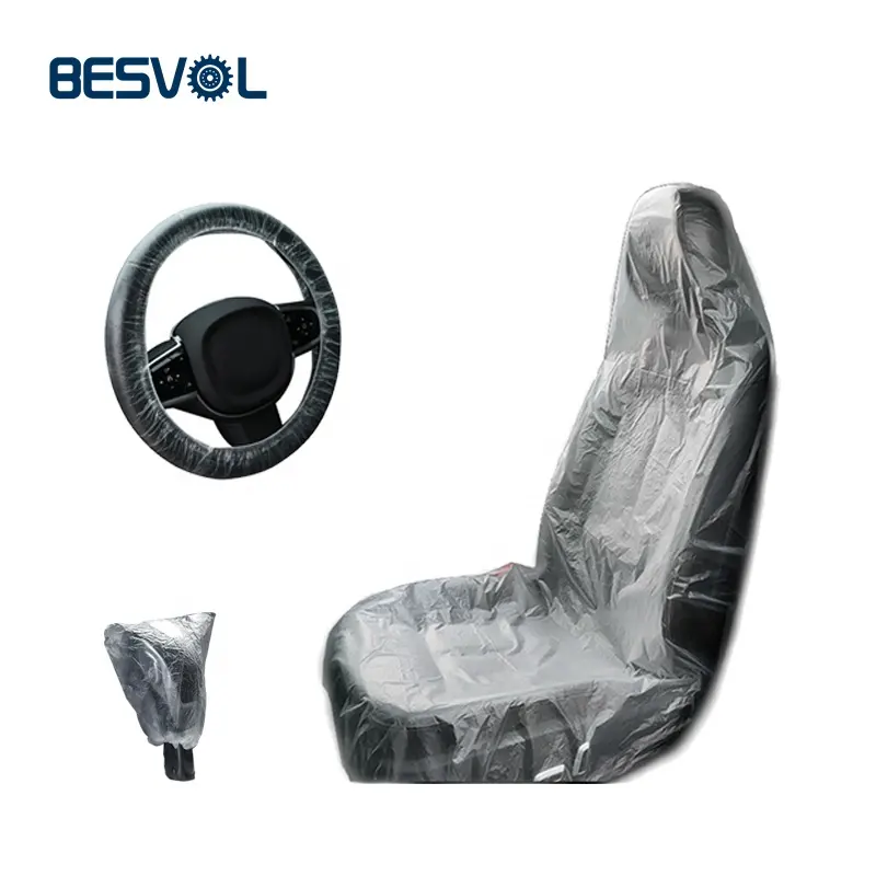 3 in 1 PE Transparent Waterproof Disposable Plastic Car Seat Cover Kit with Car Steering Wheel Gear Lever Cover