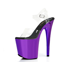 Sandales à talons aiguilles 20 cm (8 pouces) bleu violet métallisé brillant, style gothique, pour pole dance, avec cristaux et dessus transparent, pour reine de la boîte de nuit