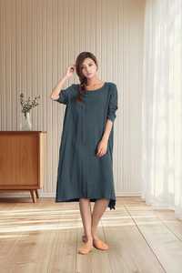 Robe smock en coton et lin personnalisée pour femme, douce et décontractée, idéale pour l'été, à manches mi-longues, grande taille, col en V, coupe trapèze, longueur maxi, avec ceinture - Product Image 1