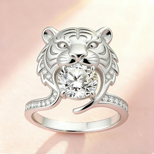 Anillo de Compromiso de Lujo Personalizado en Plata Chapada en Oro de 14k, Oro Sólido de 10K/14K, Diamante Cultivado en Laboratorio, Engaste de Puntas, Tigre del Zodiaco Chino - Product Image 1
