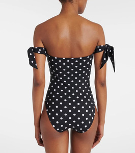 Women Black White Polka Dot One Piece <b>Swimsuit</b> Off Shoulder With Bow Tie Sweetheart <b>Neck</b> Monokini Beach Bathing Suit Wholesale - Product Image 2