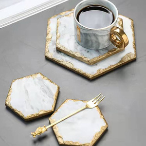 Hot Sale High Quality Hexagon White <strong>Marble</strong> <strong>Coaster</strong> with Gold Rim - Product Image 6