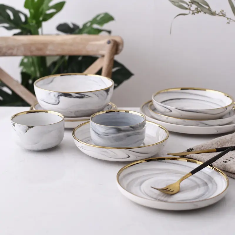 Esszubehör im europäischen Stil Keramik-Essgeschirr-Set Marmor-Essgeschirr-Sets Keramik-Essensteller-Set mit Goldrand Großhandel