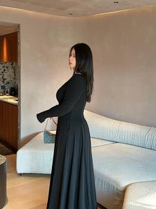 Vestido largo negro elegante minimalista inspirado en la supermodelo, falda ancha de manga larga de talla grande, cintura ceñida, estilo informal para Curvy - Product Image 4