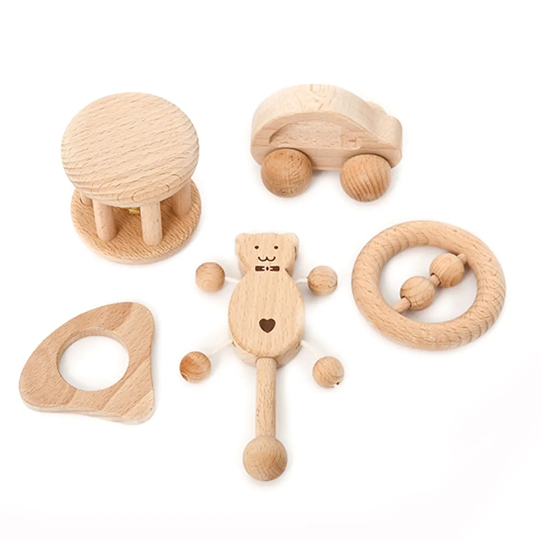 Set regalo giocattolo sonaglio sensoriale in legno Montessori naturale personalizzato in legno di faggio 5 pezzi senza vernice