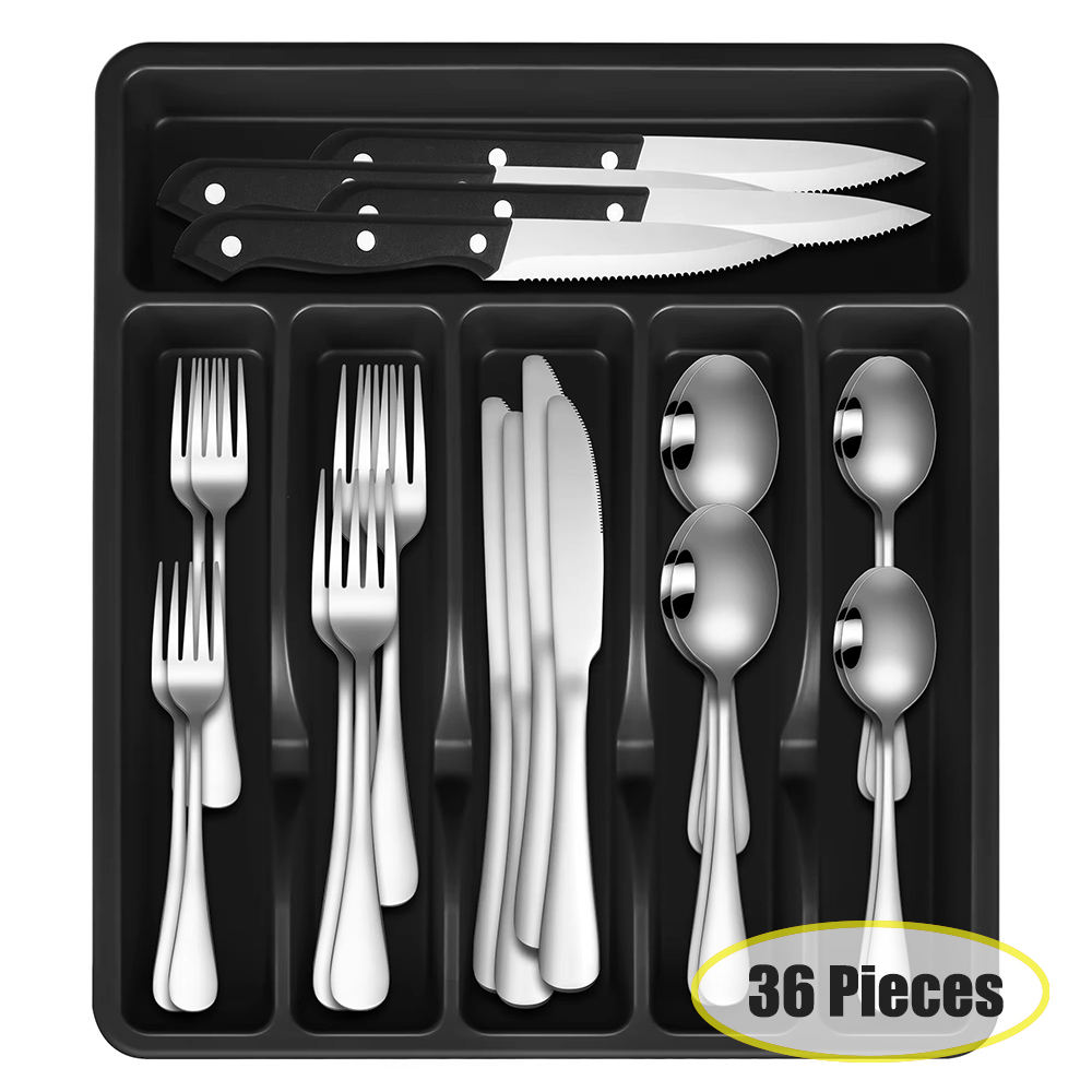 Black Tray + 36 Pcs Silver Cutlery Set
