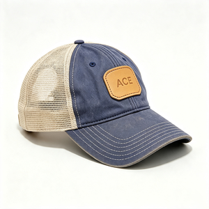 Custom Washed 100% Cotton Canvas Trucker <b>Hat</b> Leather Patch ACE Logo Breathable Mesh Back Vintage Trucker Cap Outdoor <b>Summer</b> - Product Image 3
