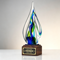 Trophée en cristal goutte d'eau avec base en bois et plaque nominative, gravure laser personnalisée pour récompenses d'entreprise, événements sportifs, trophée en cristal