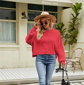 S215 Ladies Sweater Long Sleeve Color Block Knit Crop Pullover Crew Neck Casual Loose Jumper Tops Sweaters For Women