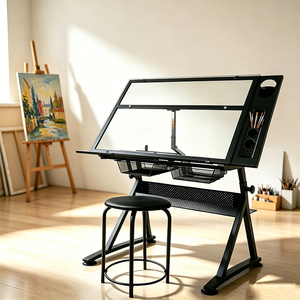 Bureau de <span class=keywords><strong>dessin</strong></span> avec plateau en verre transparent, porte-crayons, 2 tiroirs, <span class=keywords><strong>table</strong></span> de <span class=keywords><strong>dessin</strong></span> d'<span class=keywords><strong>architecte</strong></span> pour étudiants - Product Image 1