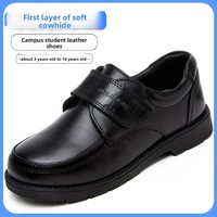 Chaussures Derby à cheville en cuir de vachette première couche style britannique pour garçons, en cuir noir; en cuir véritable, performance, campus, étiquette, velcro, tout-en-un